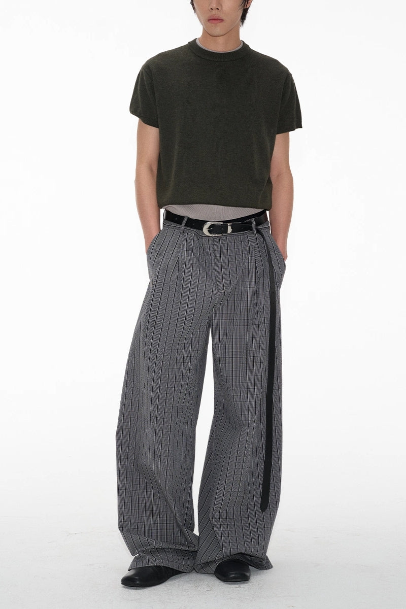 Pleated Plaid Wide-Leg Pants