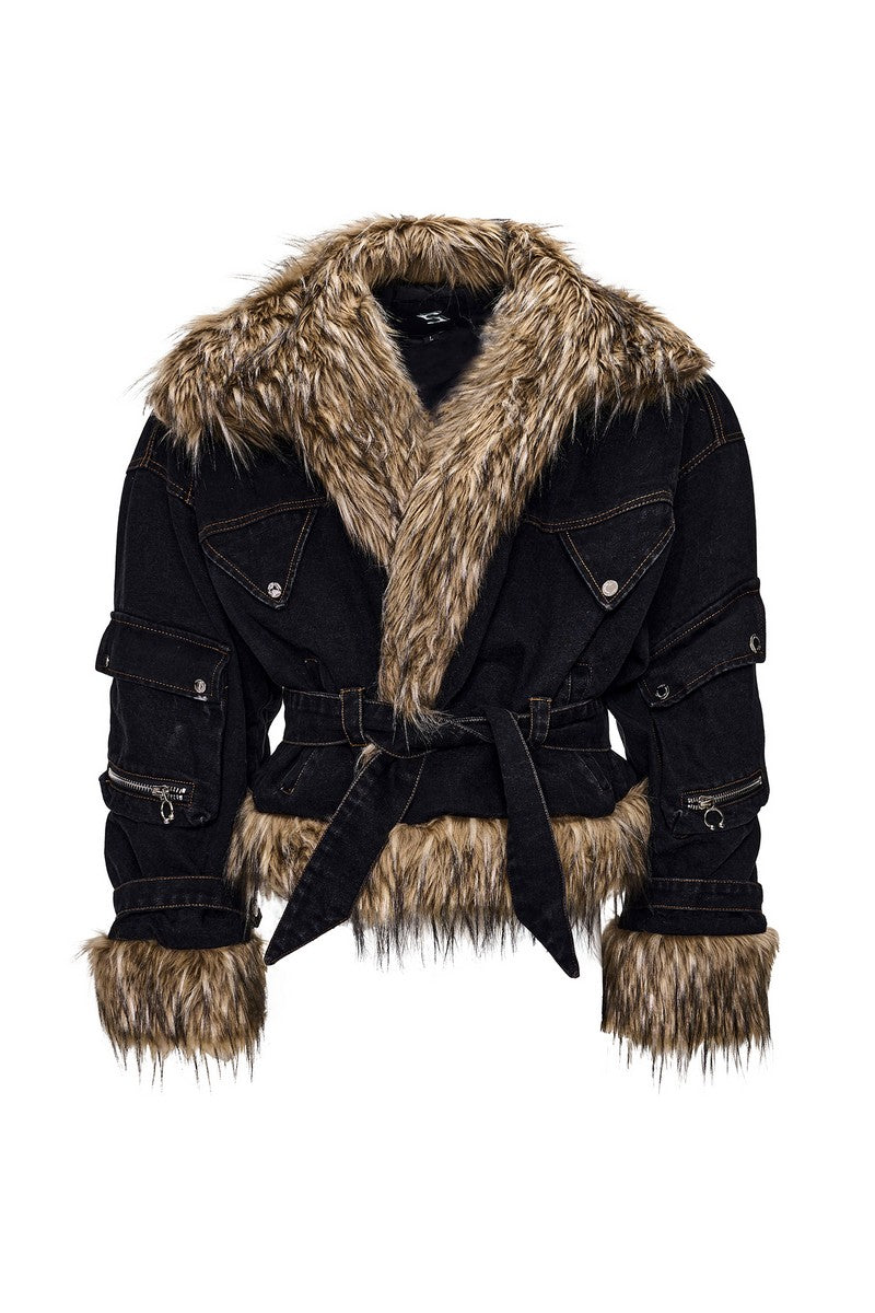 Padded Faux Fur Denim Jacket