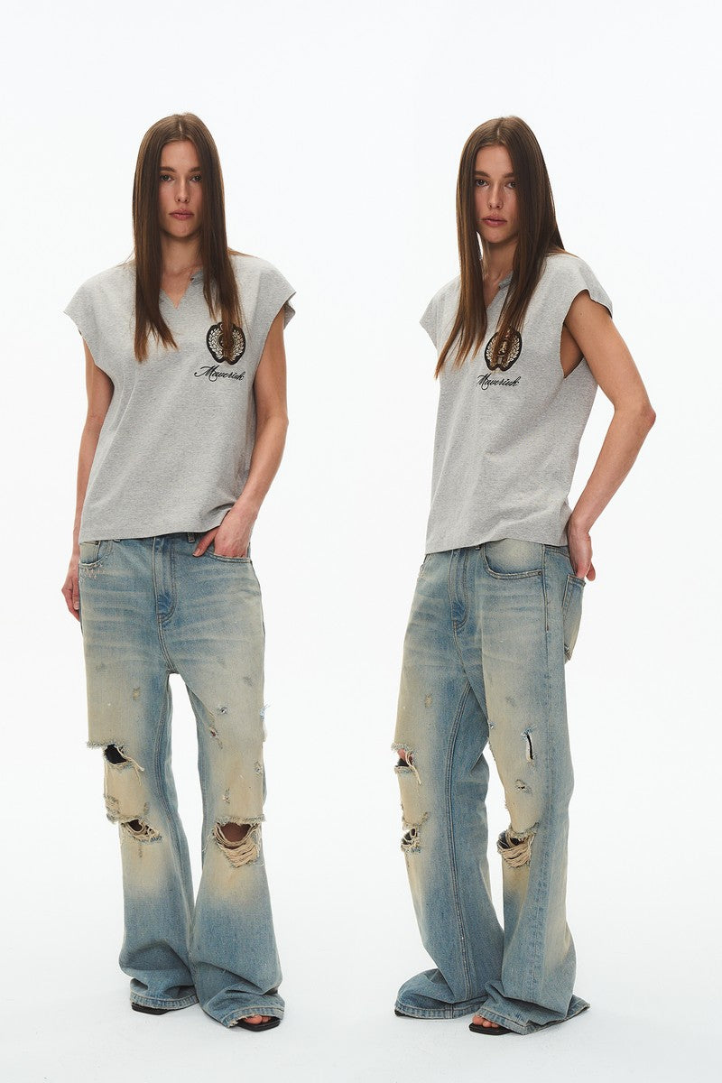 Frayed Embroidered Sleeveless Tee