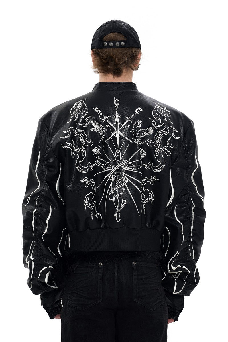 Embroidered Cropped Leather Jacket