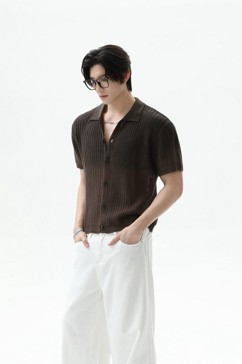 Ombre Wool Knit Polo Cardigan