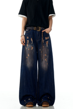 Blue Distressed Wide Jeans