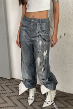 3D Pearl Chain Flared Jeans
