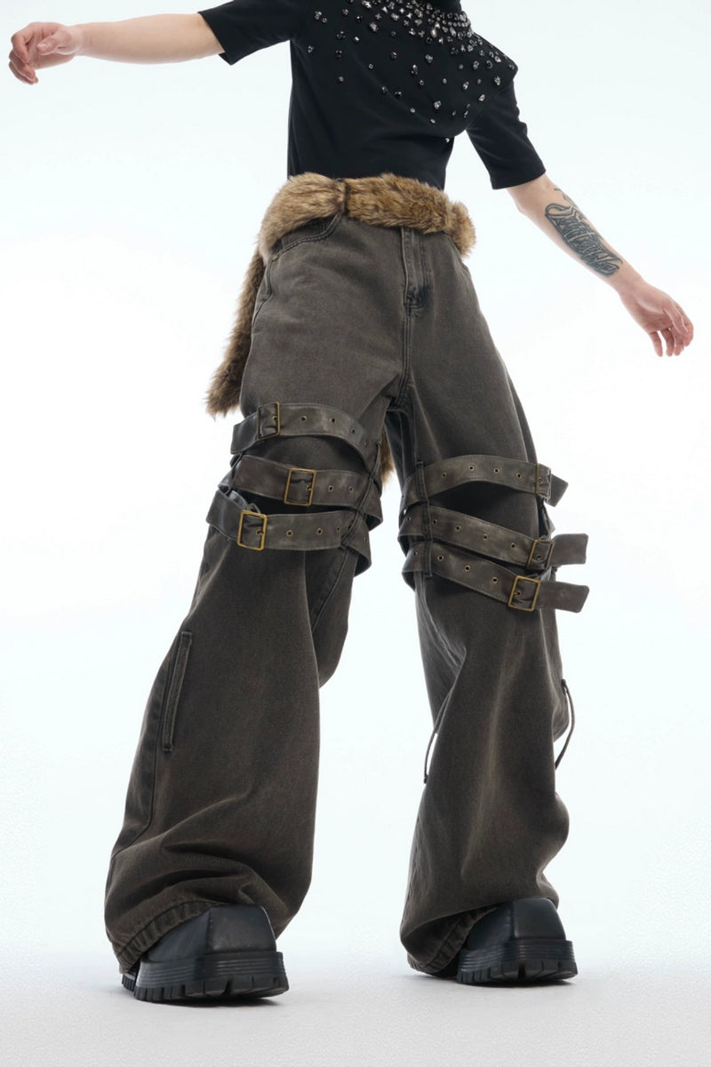 Belted Flared Distressed Jeans