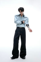 Colorblock Sequin Draped Shoulder Shirt