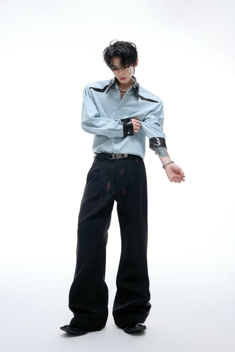 Colorblock Sequin Draped Shoulder Shirt