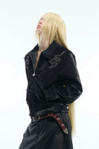 Studded Spine Embroidered PU Leather Jacket