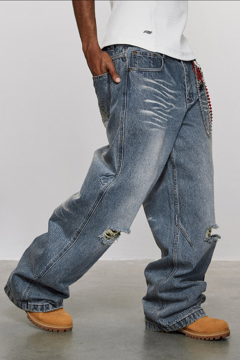 Two-Tone Distressed Denim Pants