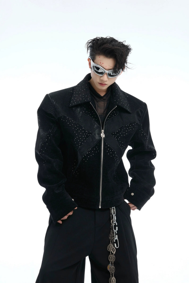 Crocodile Pattern Studded Cropped Jacket