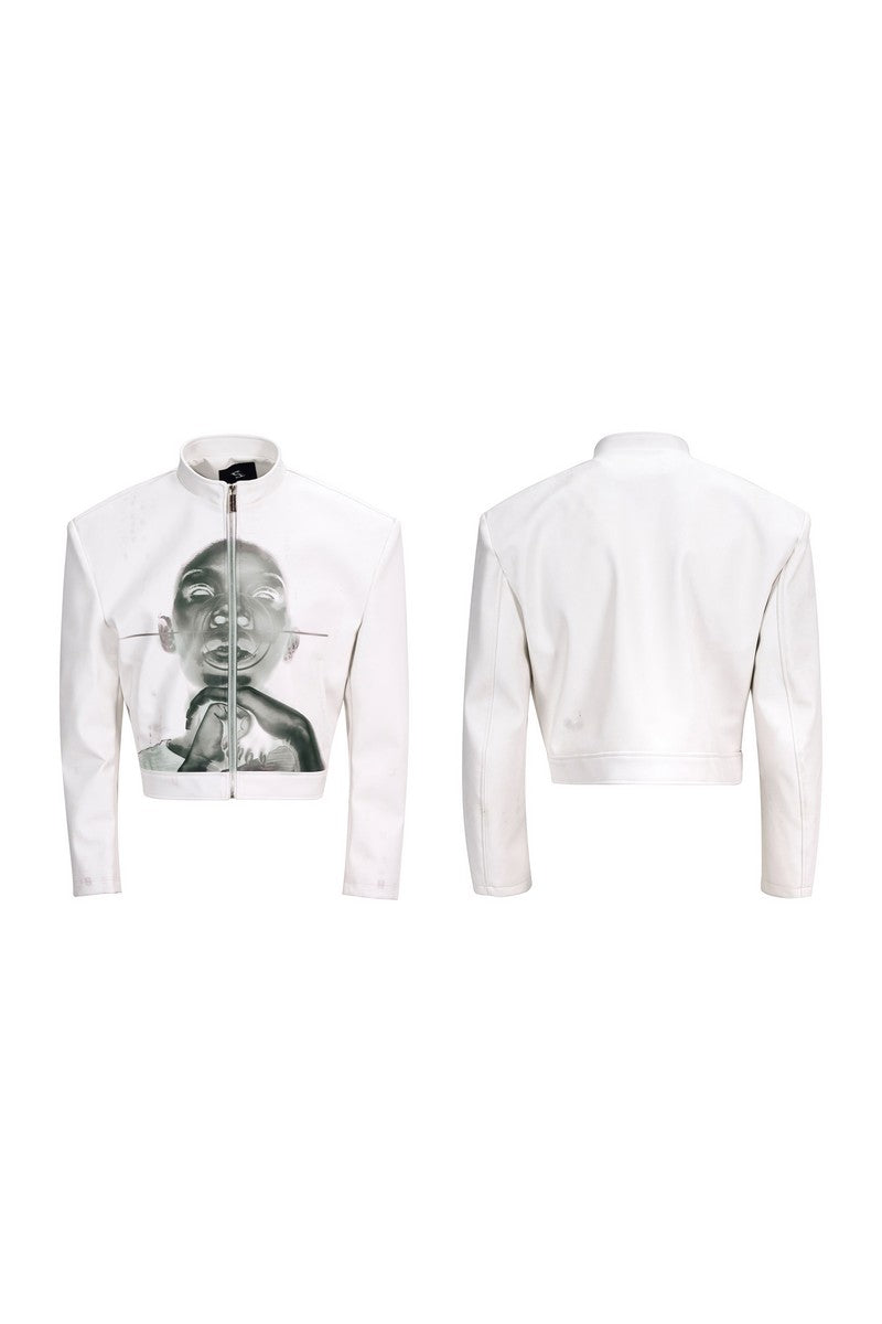 Portrait Print Cropped Leather Jacket