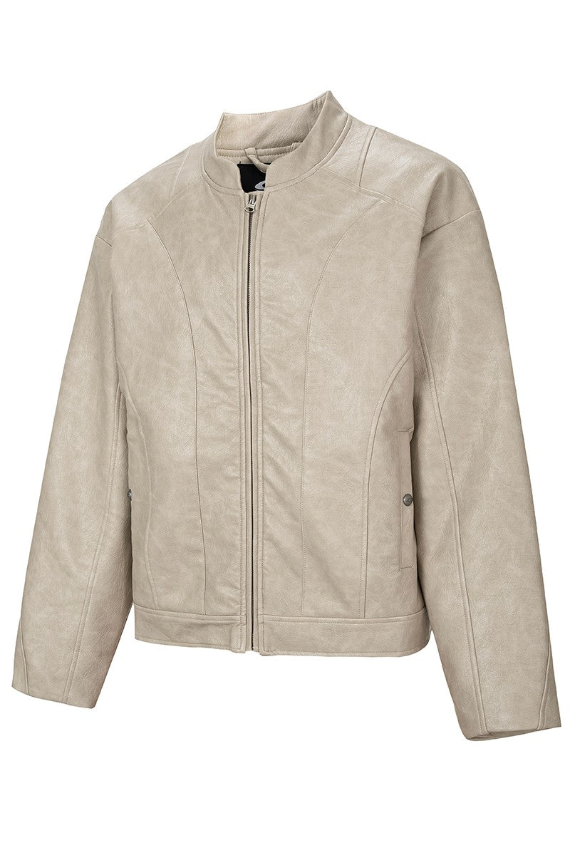 Washed Patchwork Moto Leather Jacket