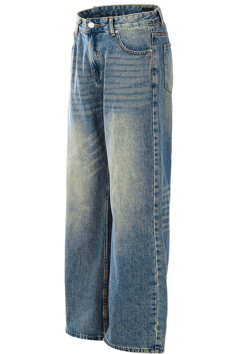 Whiskered Washed Straight Jeans