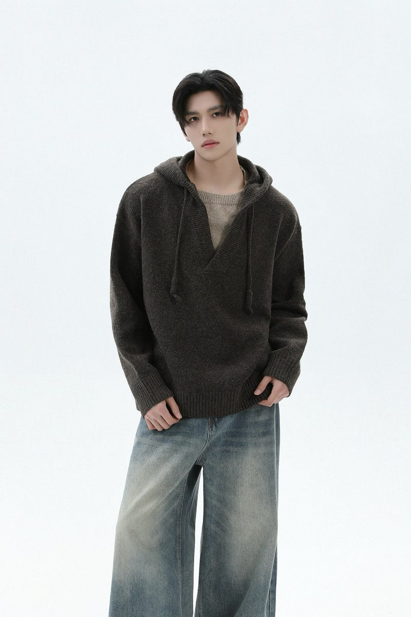 Heavyweight Layered Look Hooded Knit Sweater
