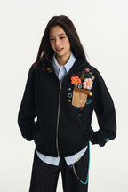 3D Floral Embroidered Zip Hoodie