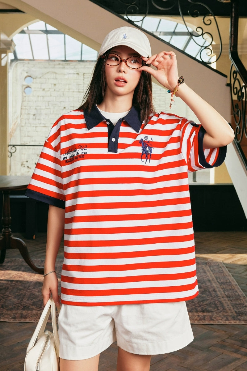 Nautical Striped Embroidered Polo Shirt