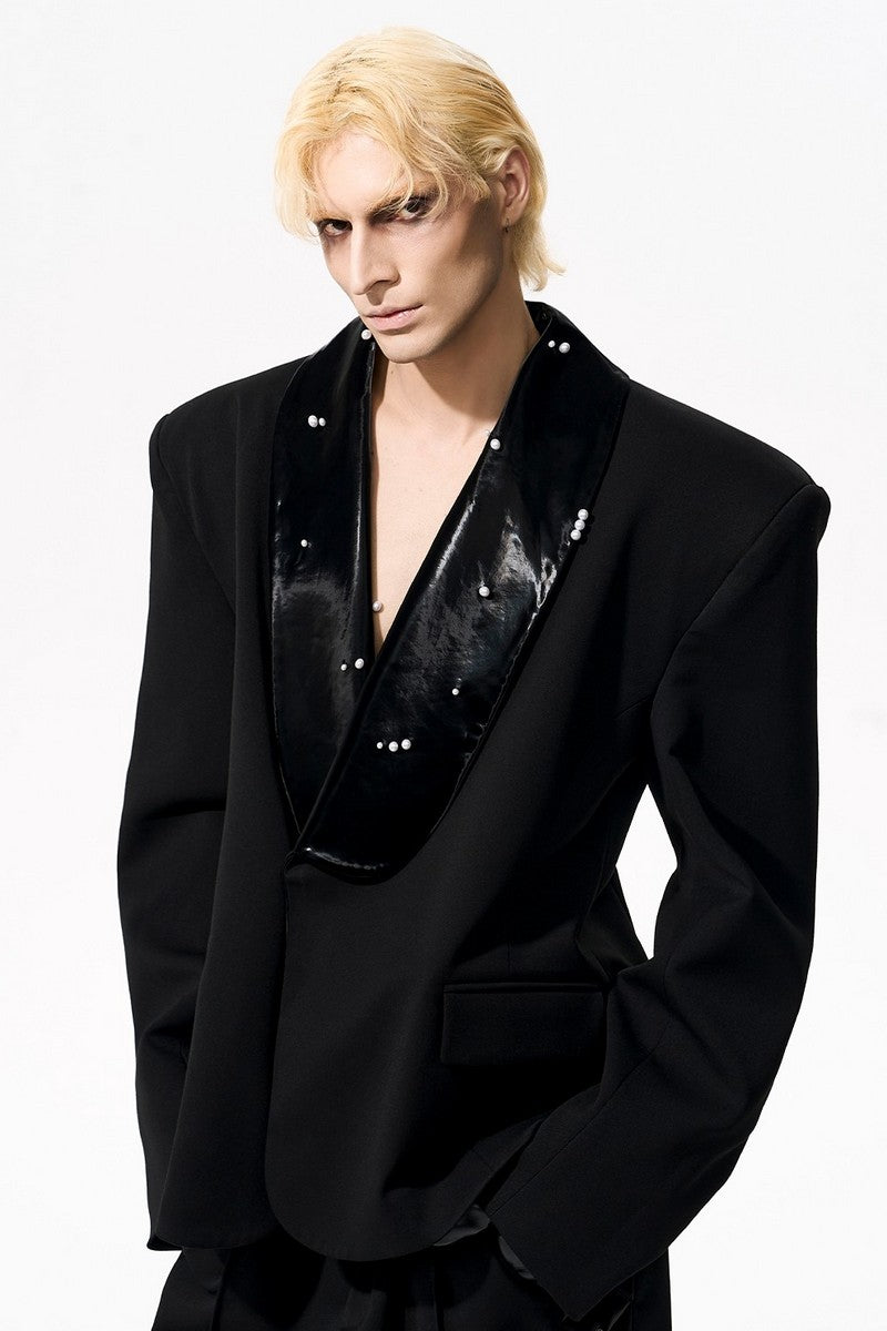 Pearl Trim PU Leather Blazer