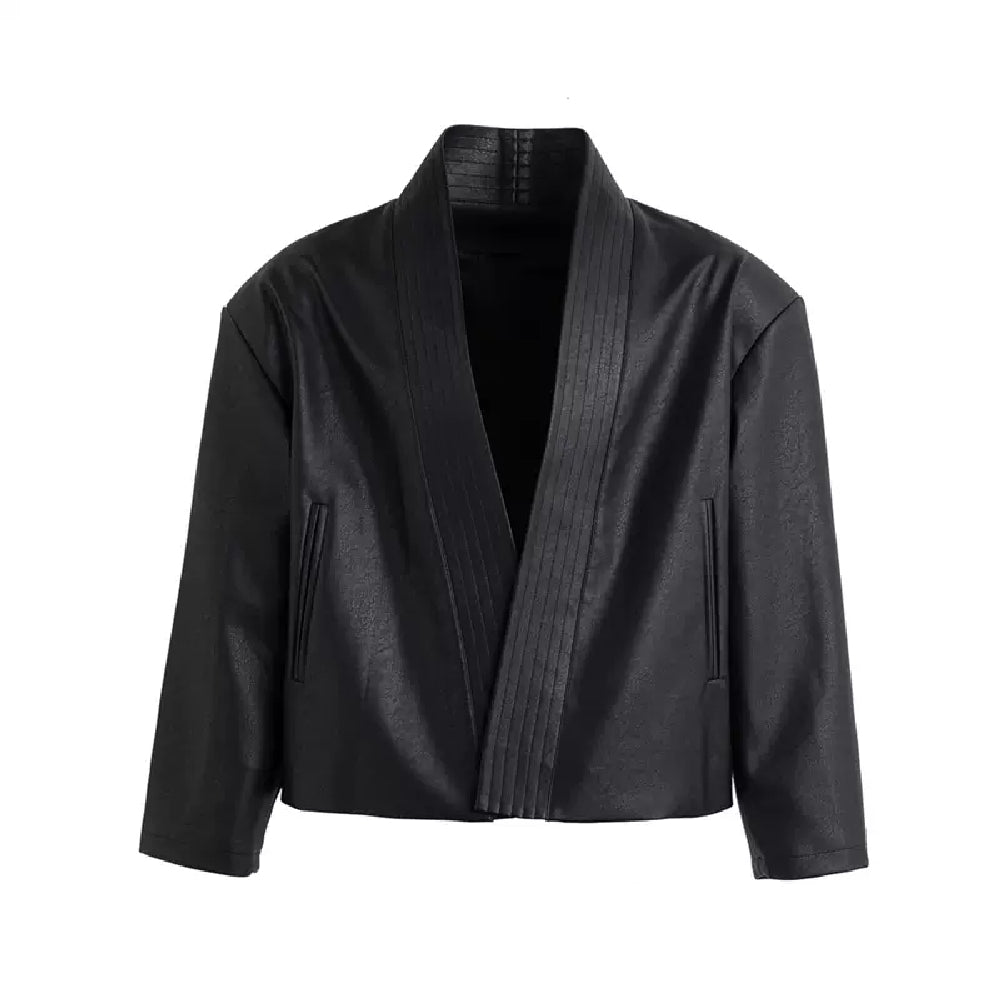 Collarless Loose Fit Leather Jacket