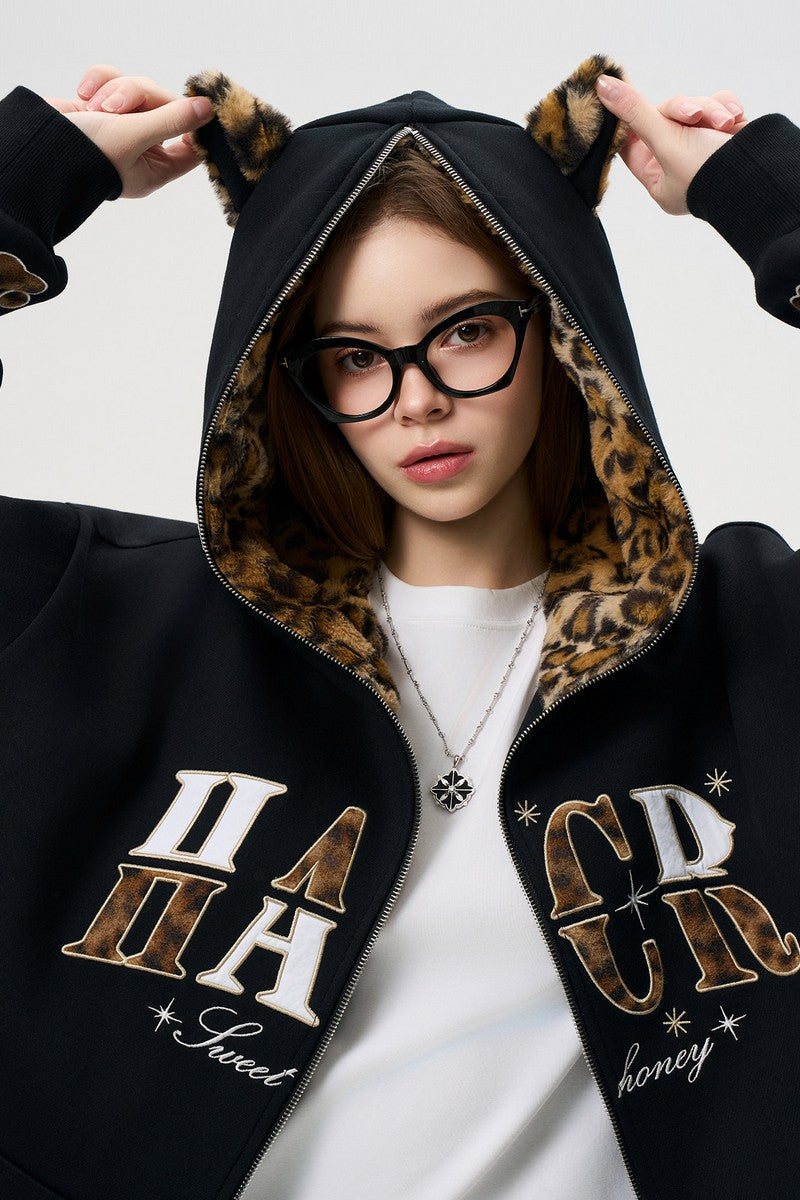 Leopard Cat Ear Zip Hoodie