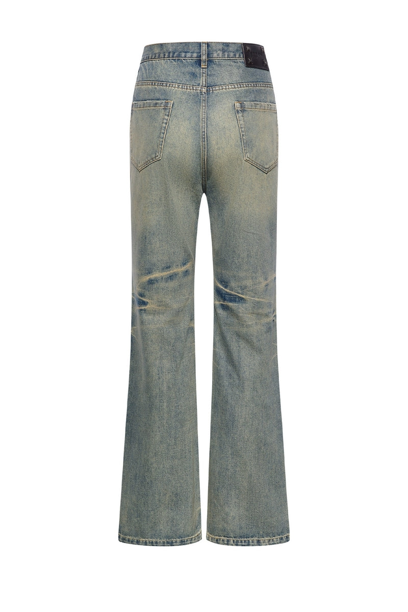 Distressed Washed Whisker Flared Jeans