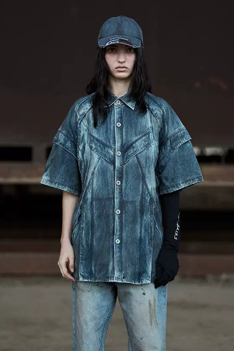 Distressed Denim Short Sleeve Shirt