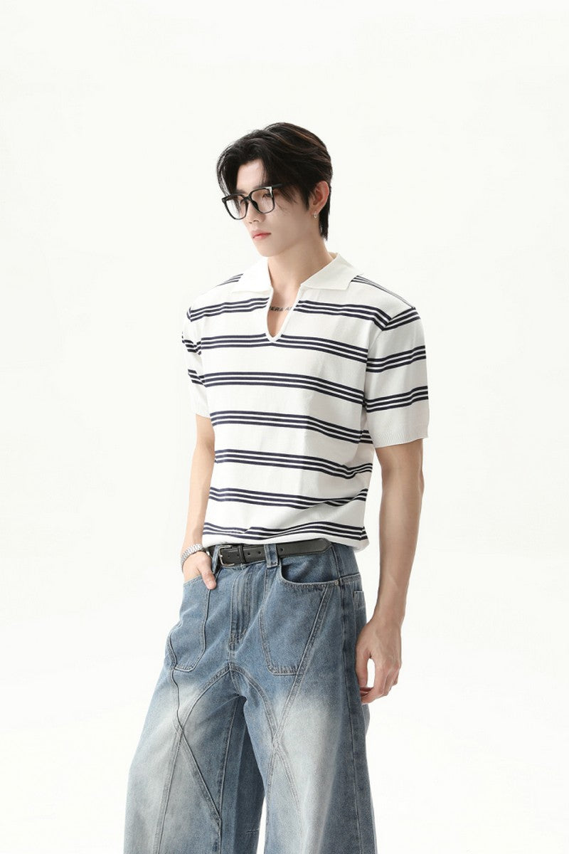 Striped V-Neck Polo Tee