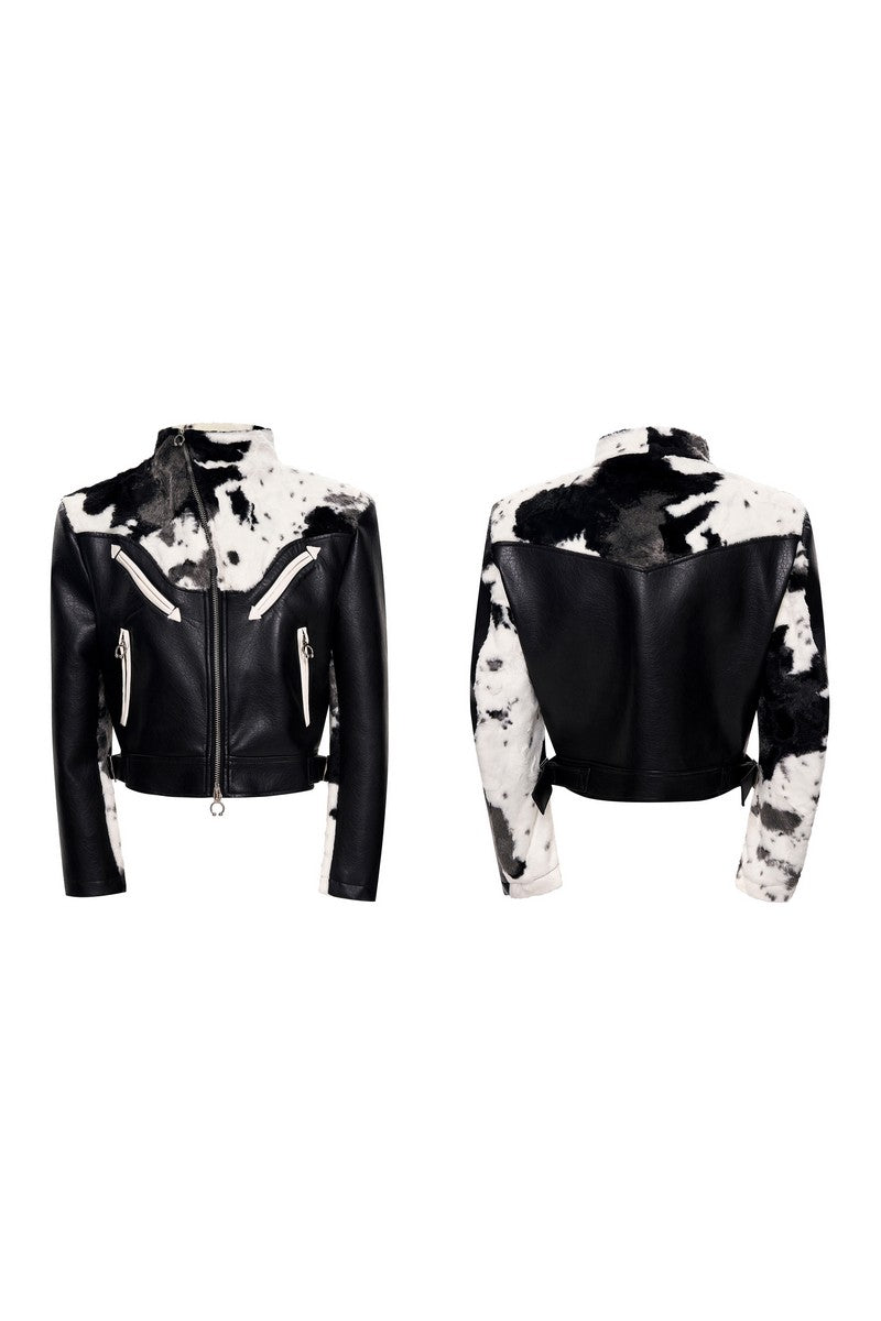 Cow Print Faux Fur Biker Jacket