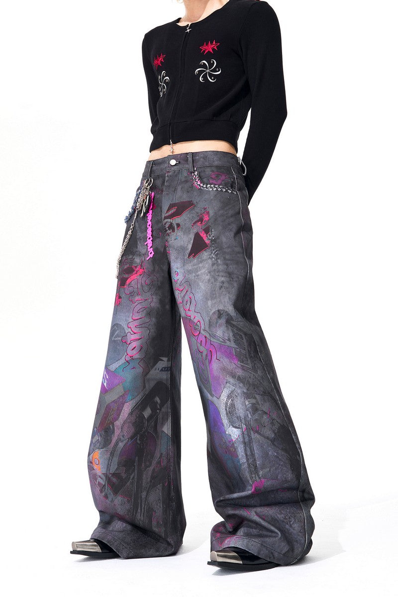 Mic Print Dirty Wash Jeans
