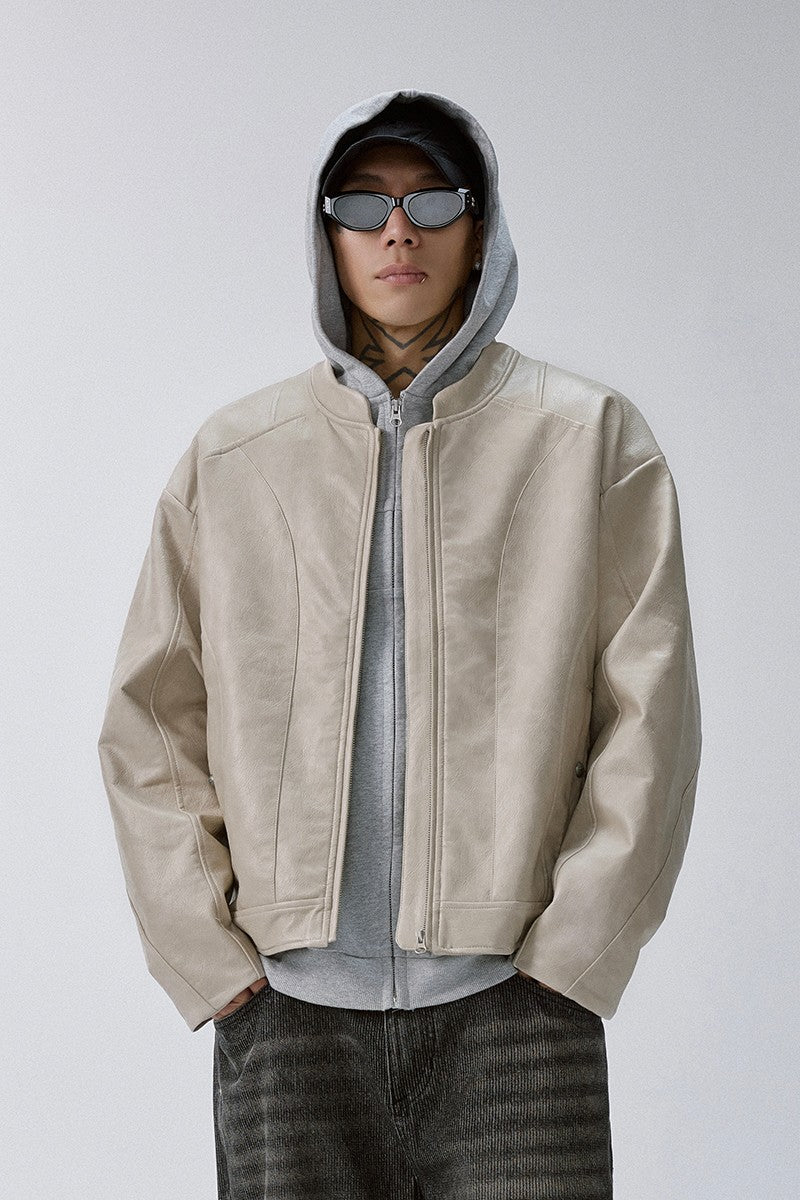 Washed Patchwork Moto Leather Jacket