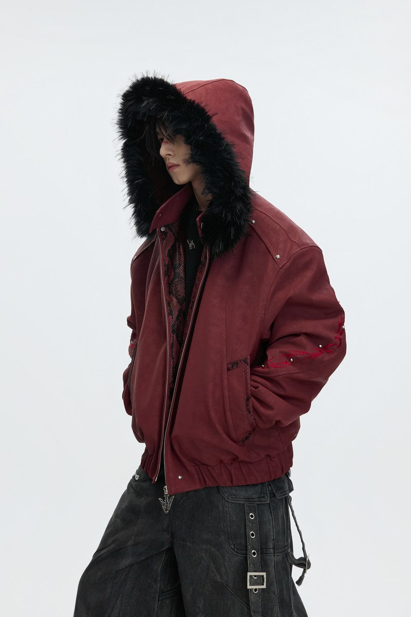 Embroidered Washed Leather Puffer