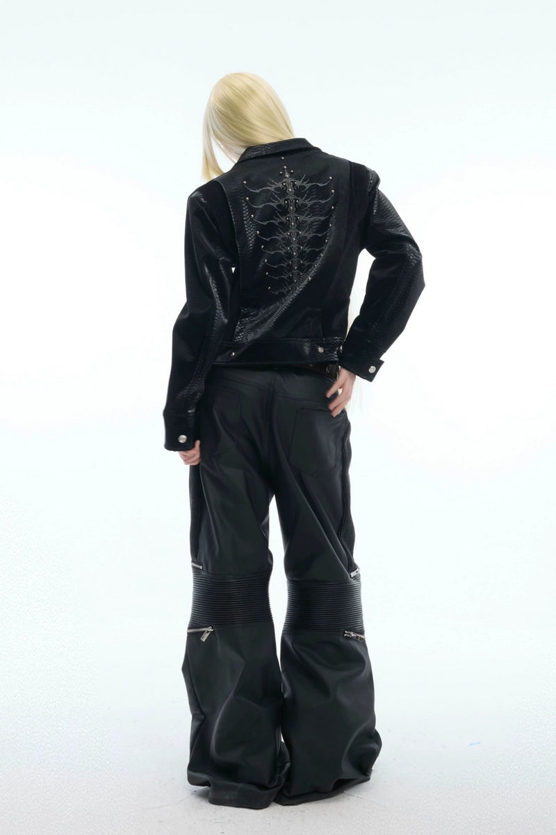 Studded Spine Embroidered PU Leather Jacket