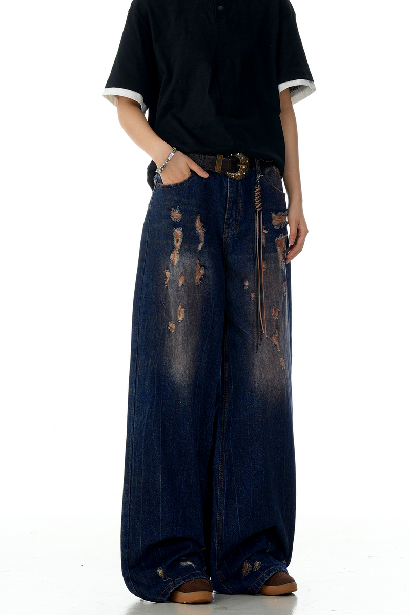 Blue Distressed Wide Jeans