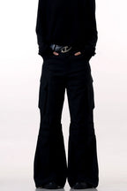 Black Wrinkled Flare Dress Trousers