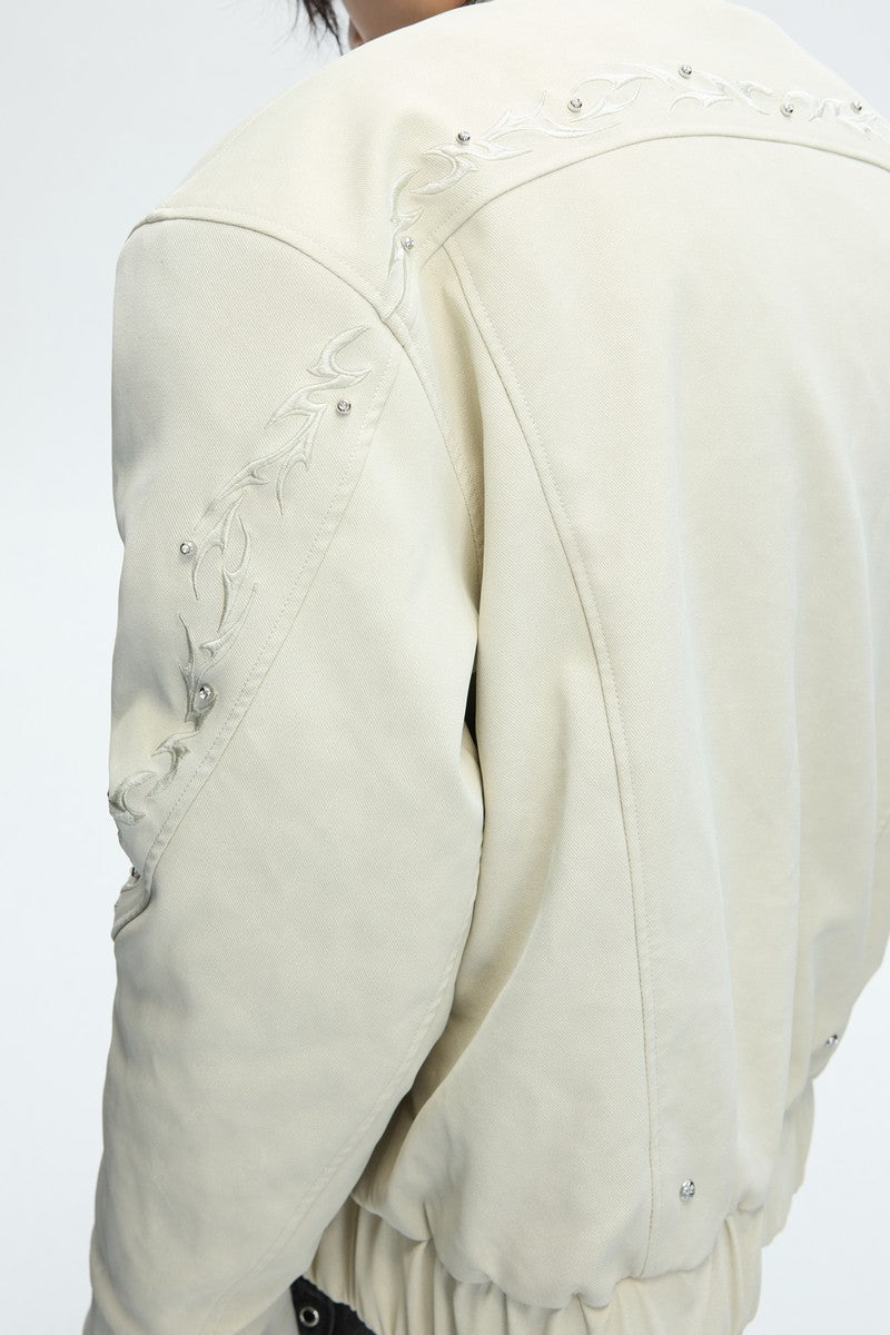 Embroidered Washed Leather Puffer