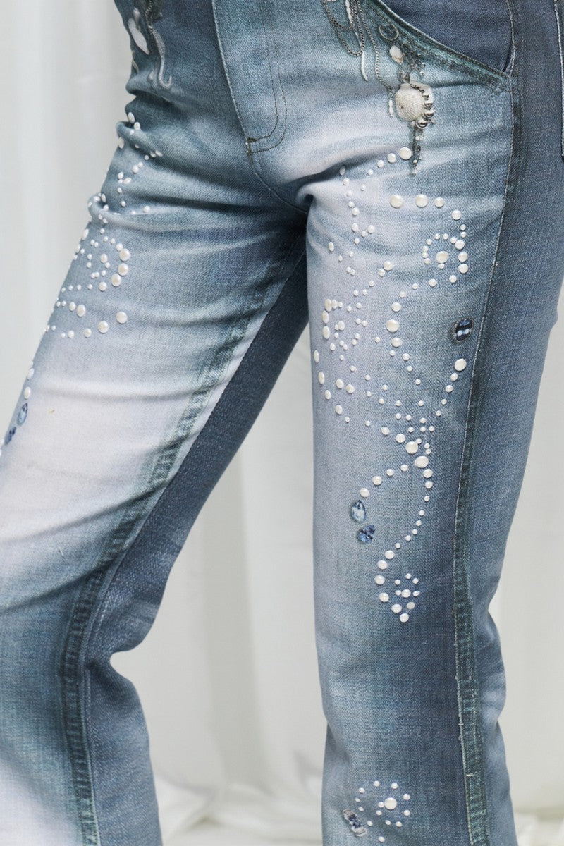 Pearl Ocean Print Flared Jeans