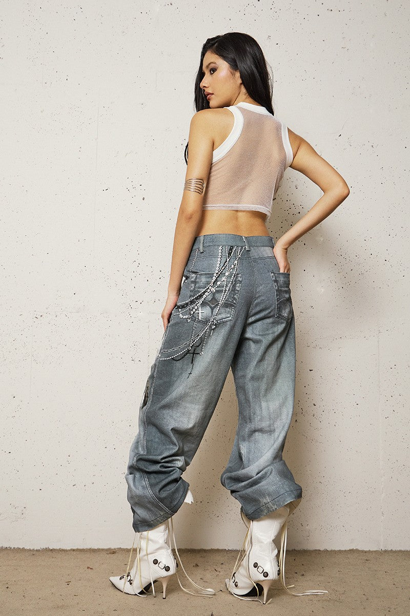 3D Pearl Chain Flared Jeans