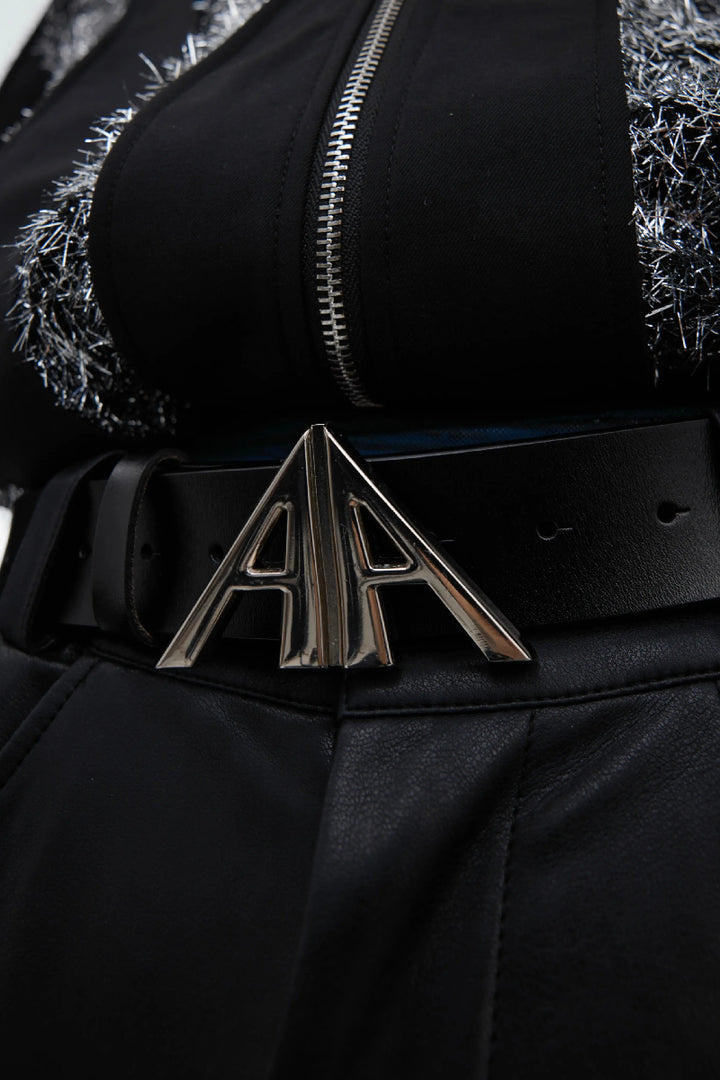 Deconstructed Leather Metal Logo Belt