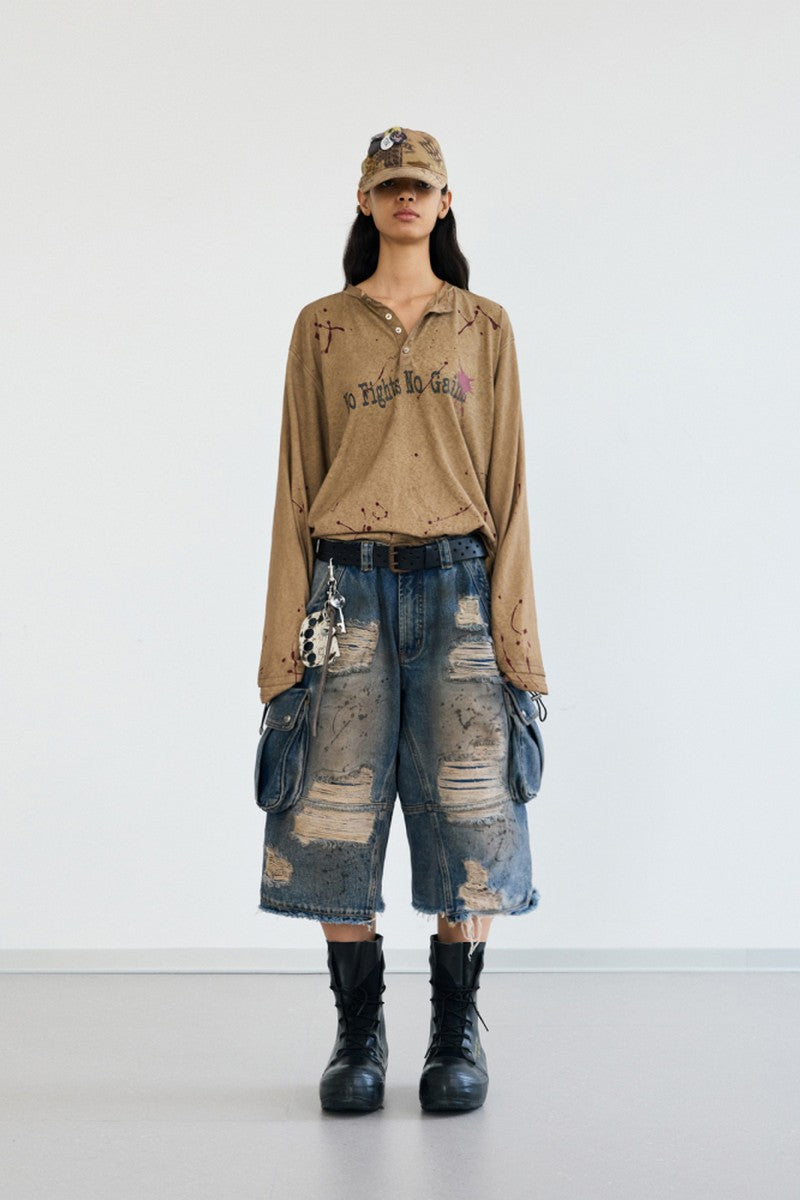 Deconstructed Washed Capri Jeans