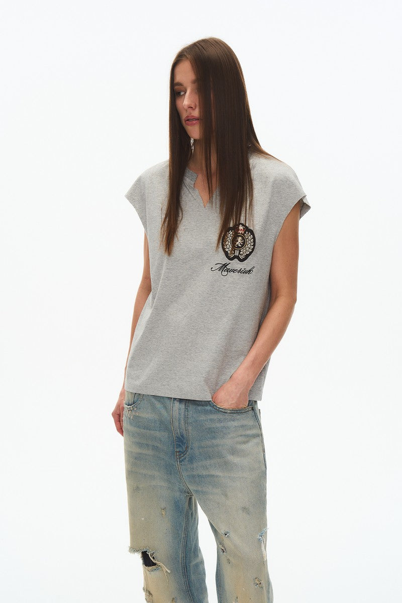Frayed Embroidered Sleeveless Tee