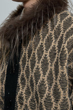 Sequin Knit Cardigan with Fur Collar
