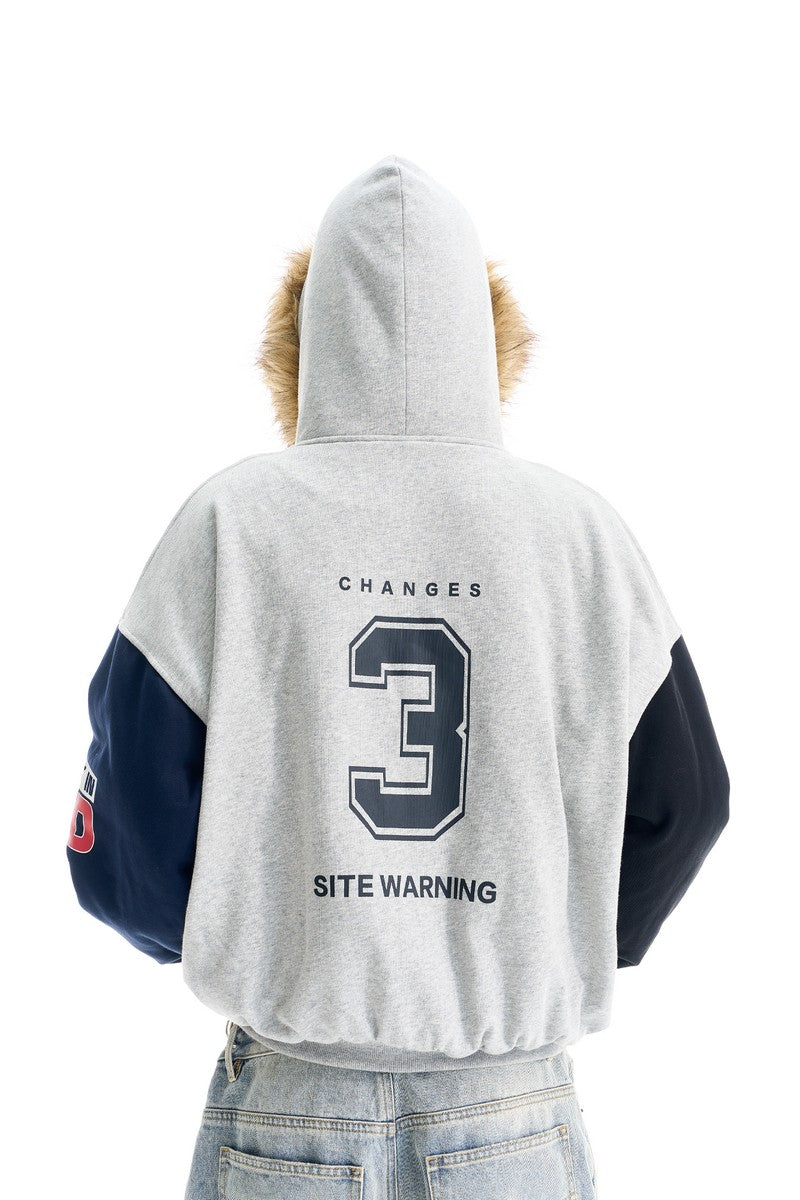 Colorblock Fleece Collar Print Jacket