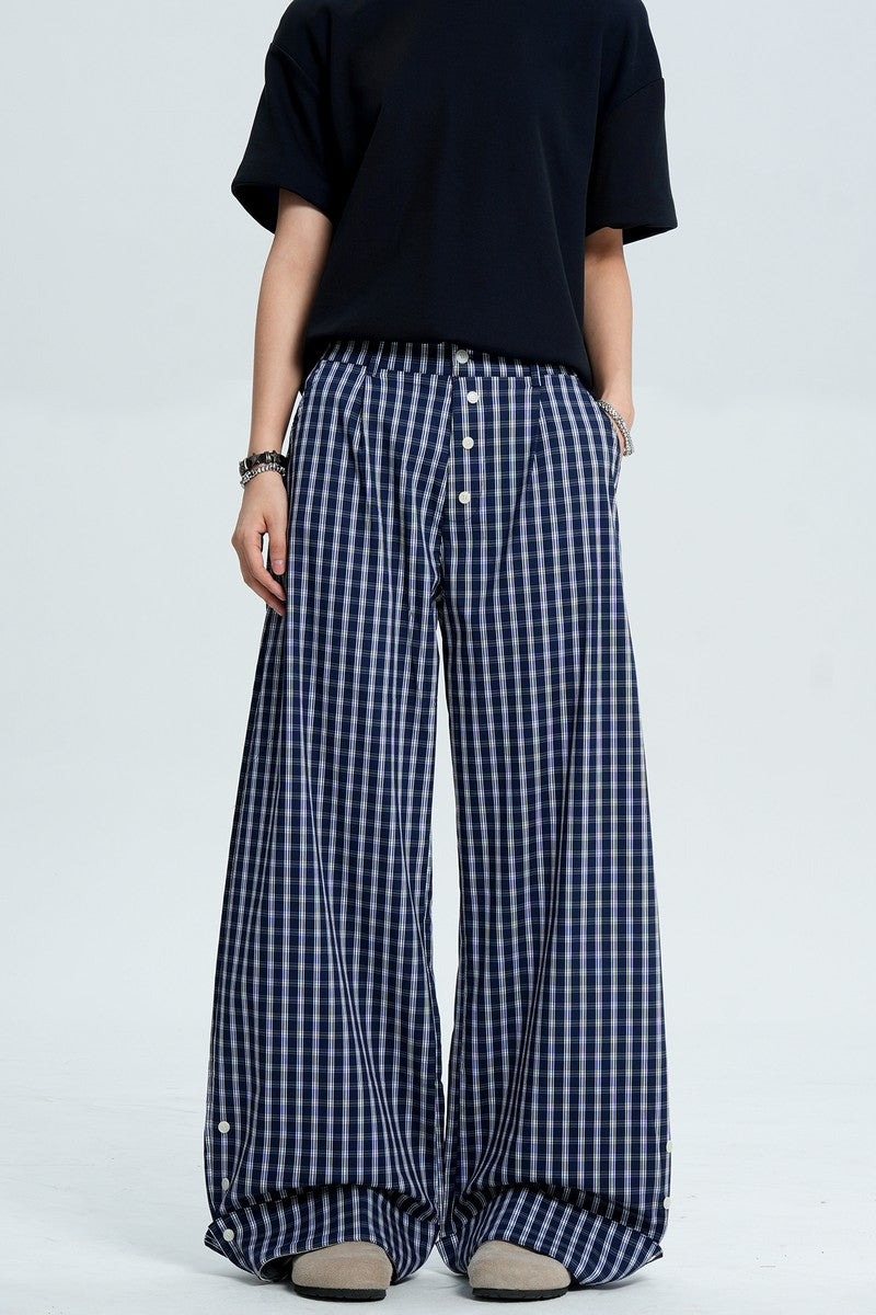 Plaid Button Wide Leg Pants