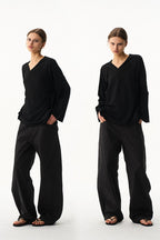 Contrast V Neck Long Sleeve Tee