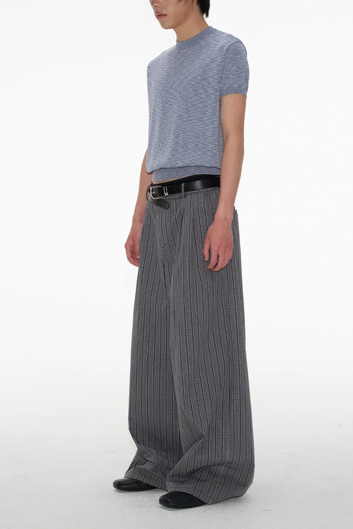 Pleated Plaid Wide-Leg Pants