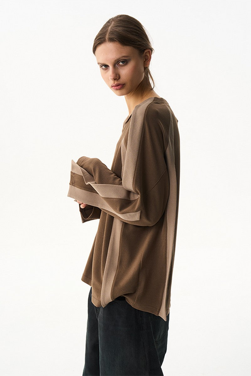 Contrast V Neck Long Sleeve Tee