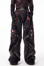 Heavy Washed Patchwork Mesh Wide Jeans