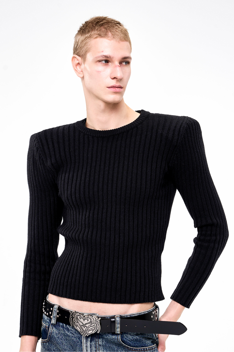 Cropped Ribbed Shoulder Sweater