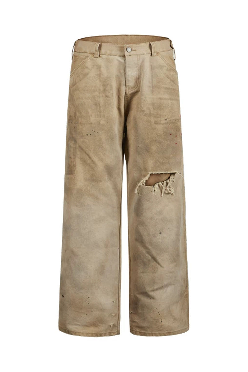 Distressed Straight Workwear Pants — Khaki Distressed front