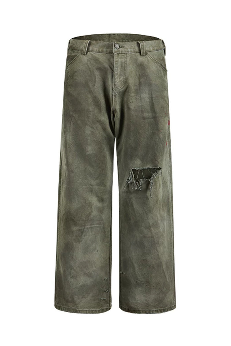 Distressed Straight Workwear Pants — Green Distressed front