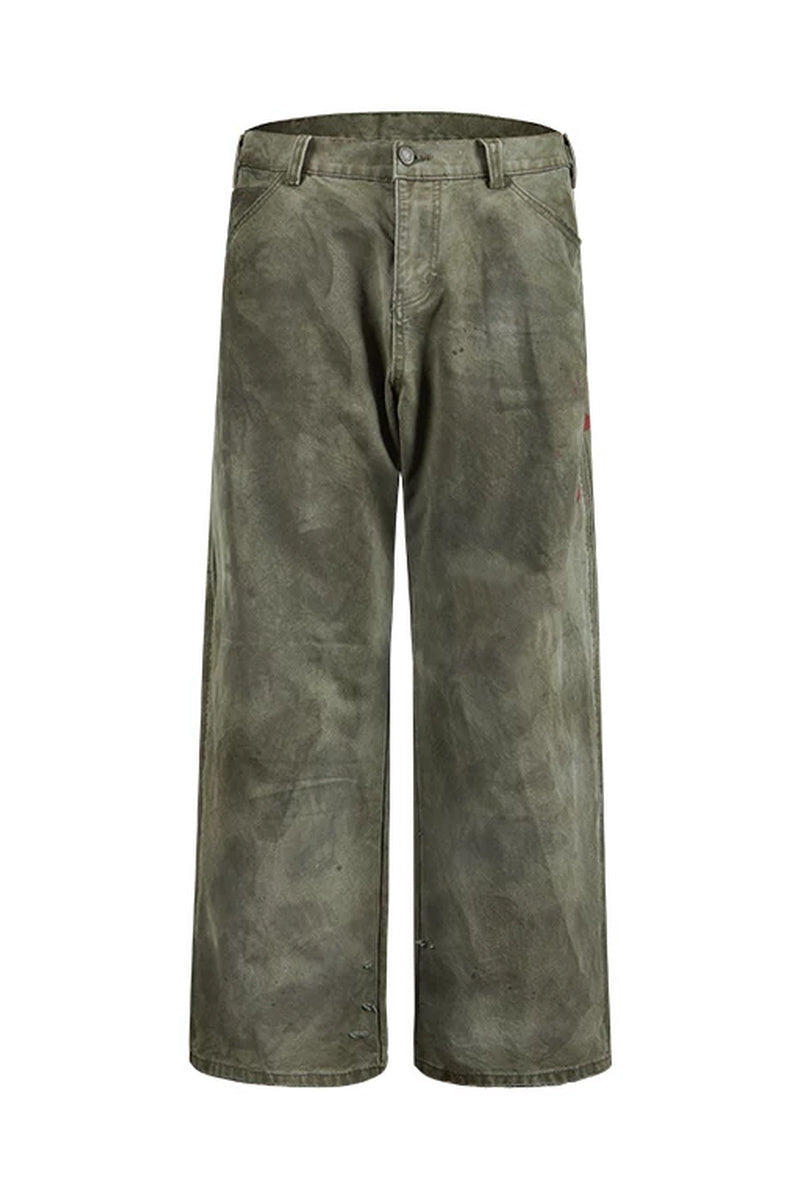 Distressed Straight Workwear Pants — Green front