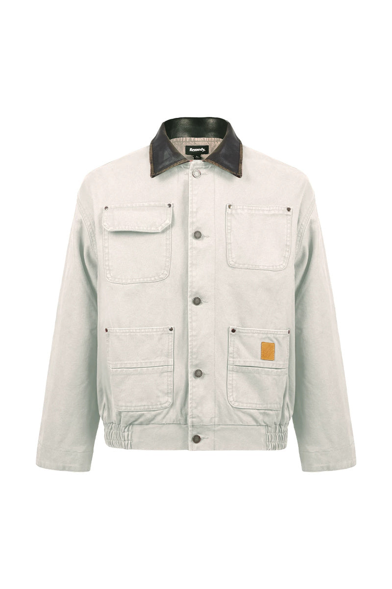 Leather Collar Workwear Jacket — Grey front